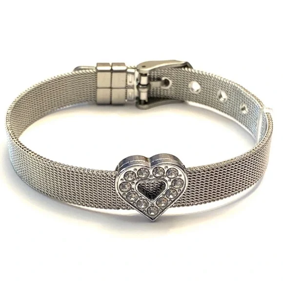 $3/20 Mesh Wristband Rhinestone Heart Charm Bracelet - Picture 1 of 8